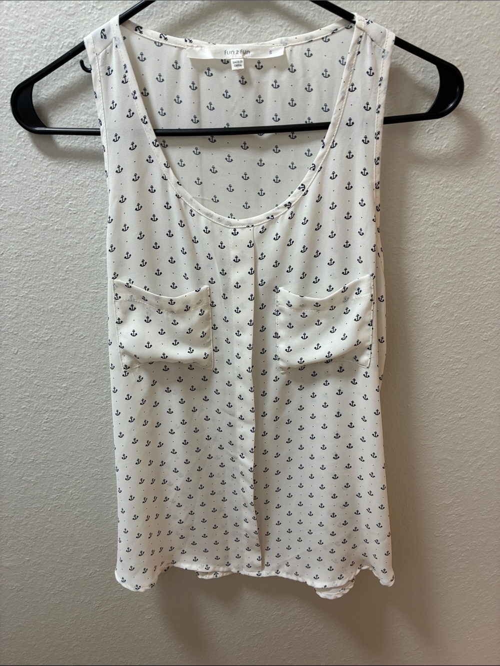 fun 2 fun White Tank Top with Navy Anchor Print